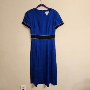 Vintage Women's Talbots Petites Rayon Linen Dress Blue Black Size 4P Made in USA